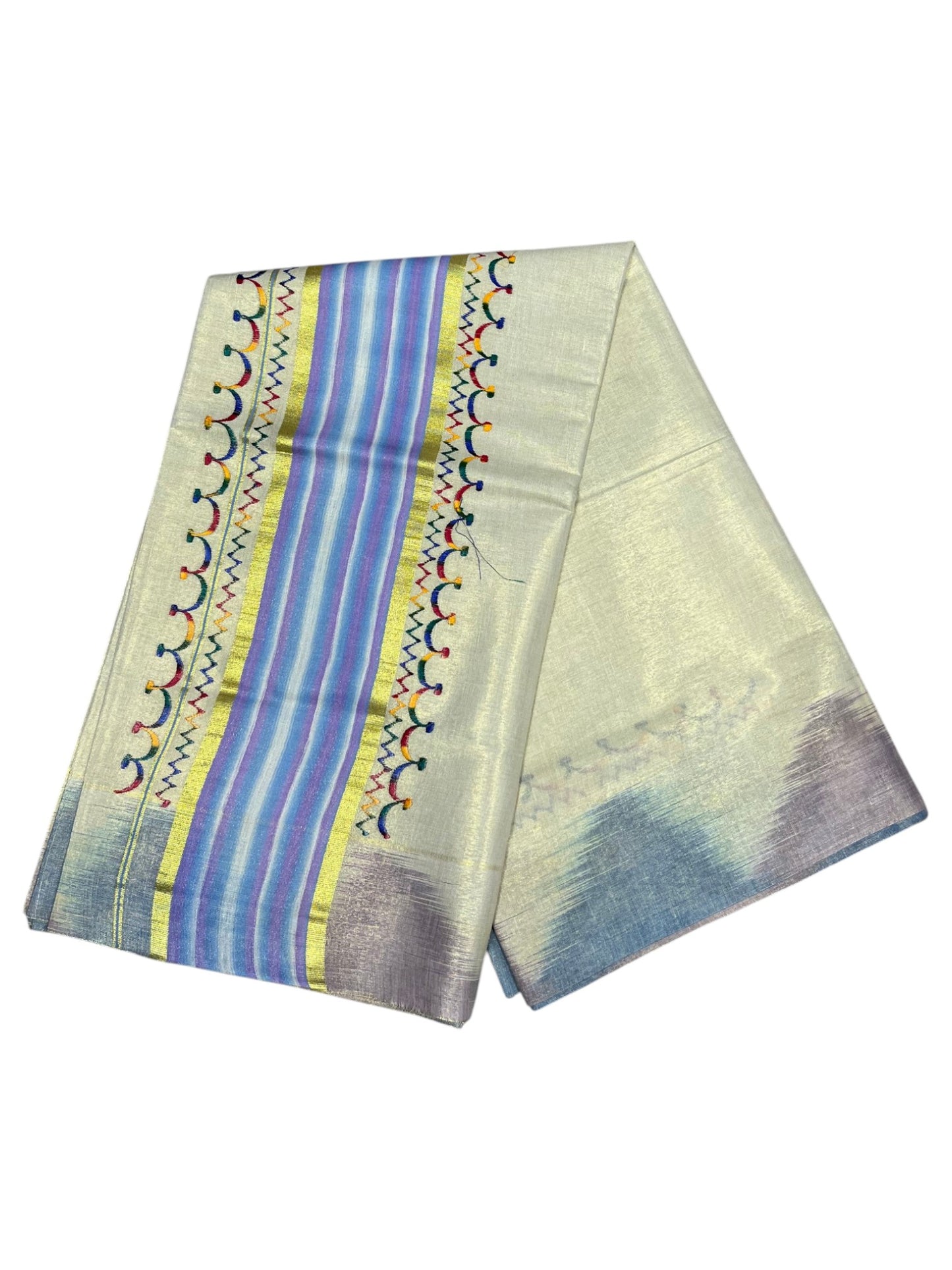 Southloom Kerala Tissue Kasavu Saree with Multi Colour Pochampally Design on Borders and Kara