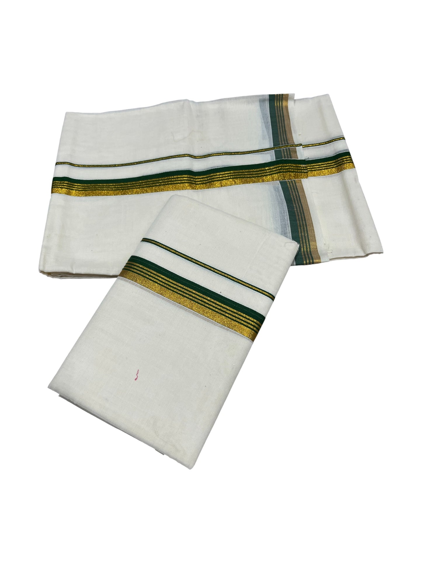 Pure Cotton Kerala Single Set Mundu (Mundum Neriyathum) with Green Kasavu Border in 2.80 Mtrs