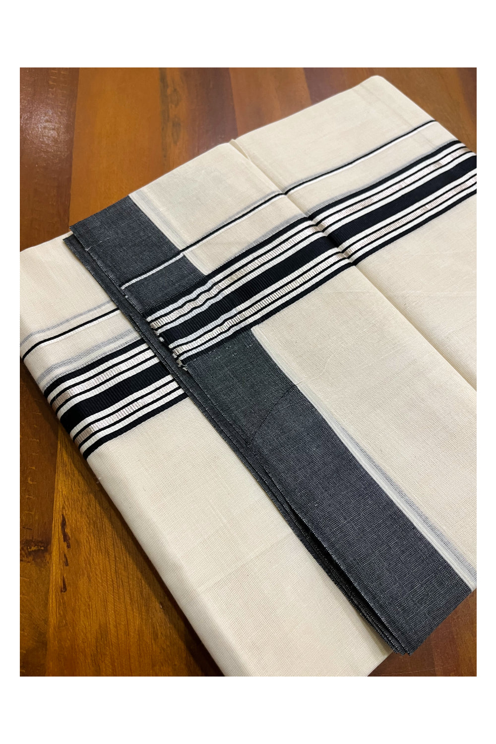 Kerala Pure Cotton Double Mundu with Silver Kasavu and Black Border (South Indian Kerala Dhoti)