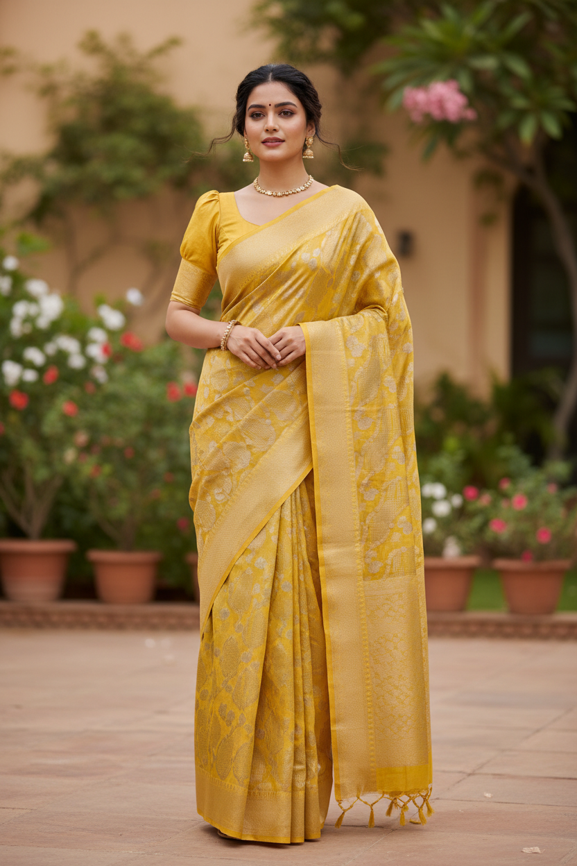 Southloom Tissue Banarasi Silk Saree with Woven Work on Body and Borders (Yellow)