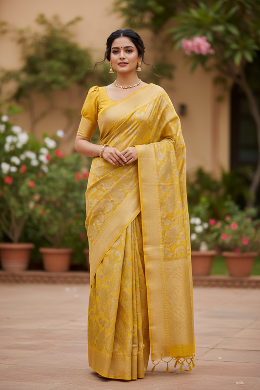 Southloom Tissue Banarasi Silk Saree with Woven Work on Body and Borders (Yellow)