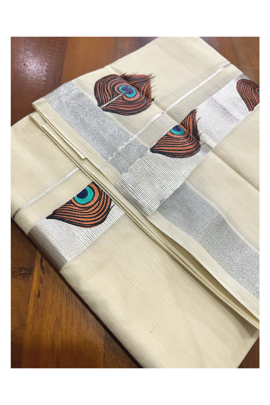 Pure Cotton Kerala Double Mundu with Silver Kasavu Hand Painted Design Border (South Indian Kerala Dhoti)