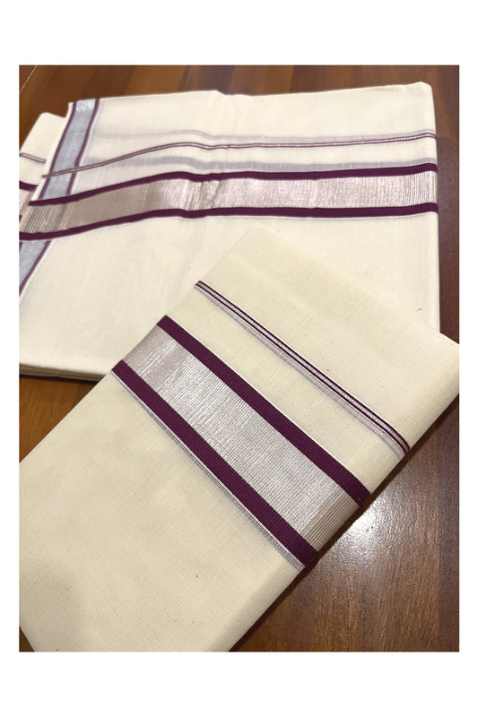 Kerala Cotton Mundum Neriyathum Single (Set Mundu) with Purple and Silver Kasavu Border 2.80 Mtrs