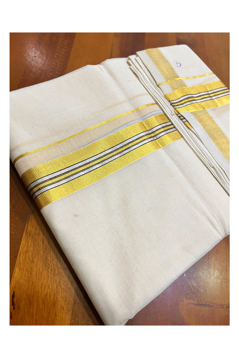 Premium Balaramapuram Handloom Unakkupaavu Cotton Double Mundu with Silver and Golden Kasavu Border (Vishu 2024 Collection)