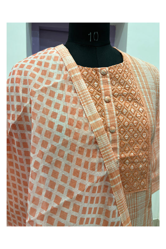 Southloom Stitched Cotton Salwar Set in Peach and Check Prints on Body