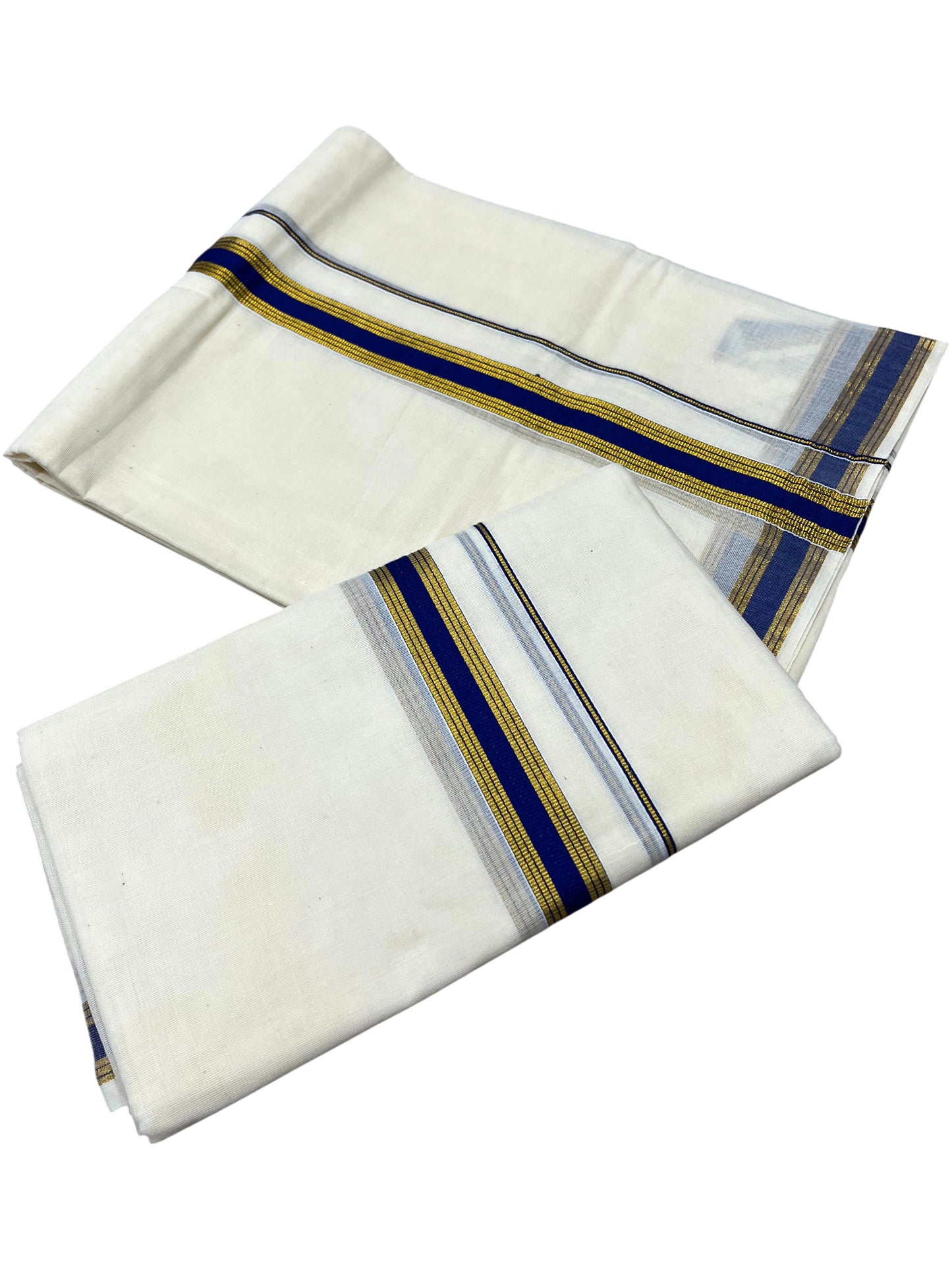 Southloom Pure Cotton Kerala Single Set Mundu (Mundum Neriyathum) with Blue Kasavu Border in 2.80 Mtrs
