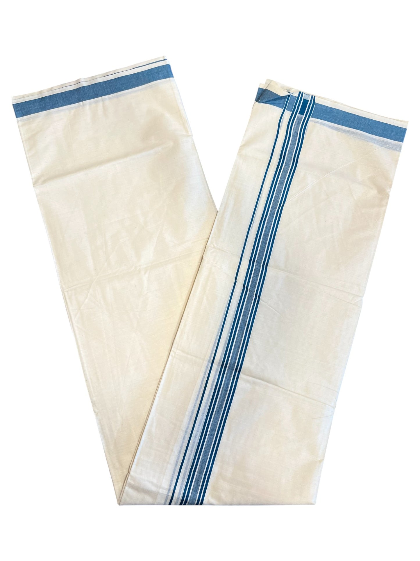 Southloom Pure Cotton  Double Mundu With White Lines & Blue Border (South Indian Kerala Dhoti)