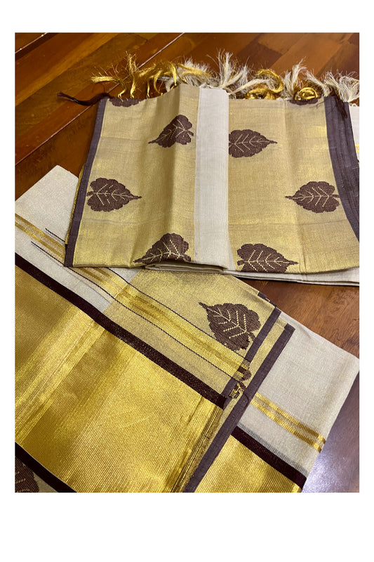 Southloom Handloom Premium Tissue Kasavu Set Mundu With Brown Leaf Woven Patterns (Mundum Neriyathum) 2.70 Mtrs