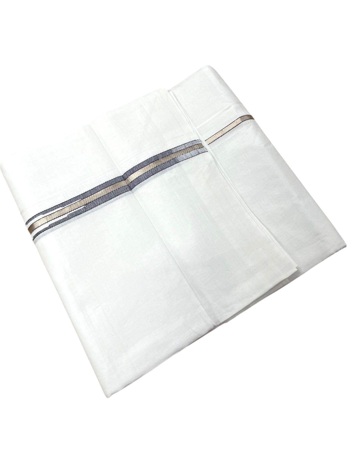 Pure White Cotton Double Mundu with Silver and Blue Chutti Kara (South Indian Dhoti)