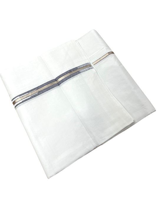 Pure White Cotton Double Mundu with Silver and Blue Chutti Kara (South Indian Dhoti)