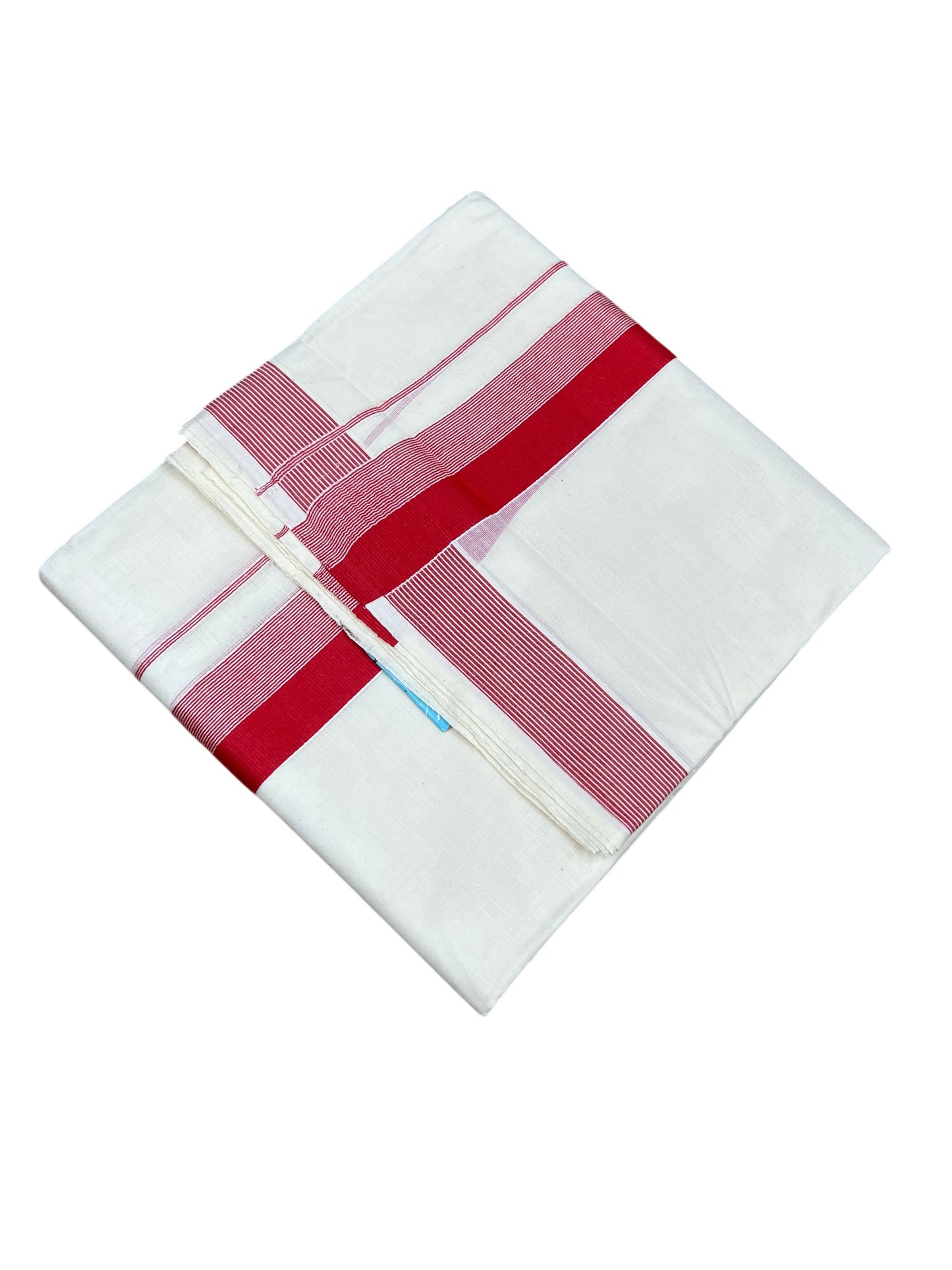 Southloom Kerala Pure Cotton Double Mundu with Red Lines And Red Border (South Indian Kerala Dhoti)