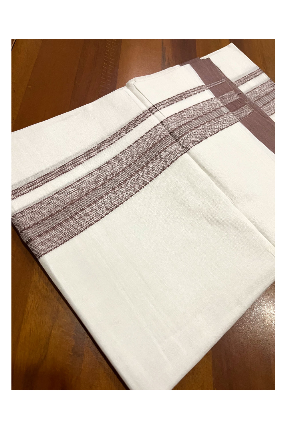 Pure White Cotton Double Mundu with Brown Border (South Indian Kerala Dhoti)