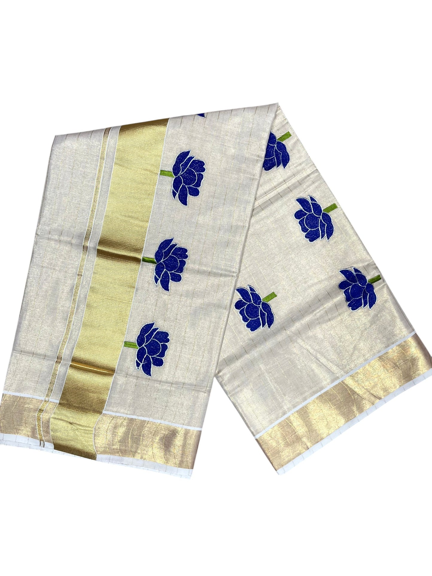 Southloom Kerala Tissue Kasavu Saree with Blue Lotus Embroidery Design SL289