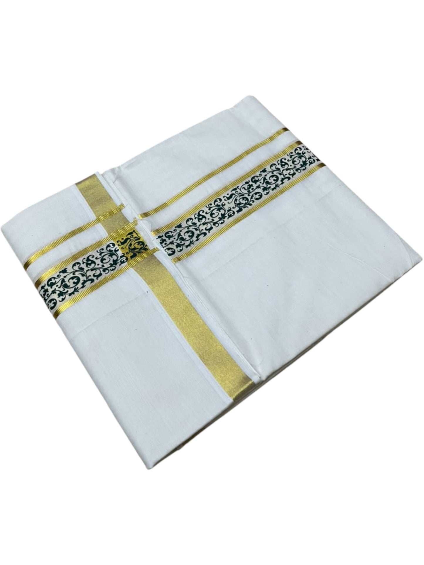 Southloom Pure Cotton Double Mundu with Green Block Printed And Ksavu Border (South Indian Kerala Dhoti)