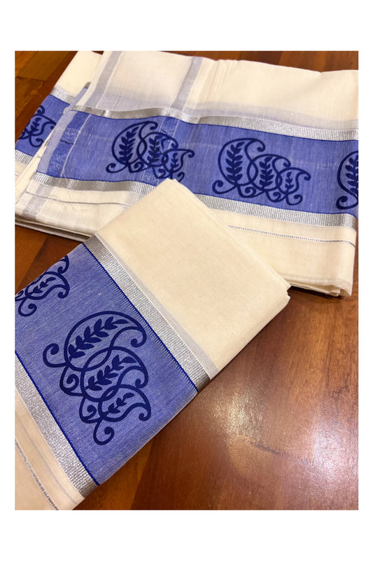 Kerala Cotton Set Mundu Single (Mundum Neriyathum) with Block Prints on Silver Kasavu and Blue Border