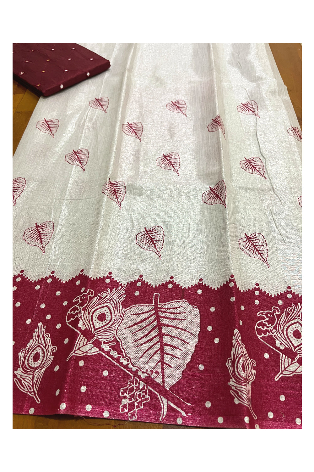 Kerala Silver Tissue Block Printed Pavada and Red Designer Blouse Material for Kids/Girls 4.3 Meters