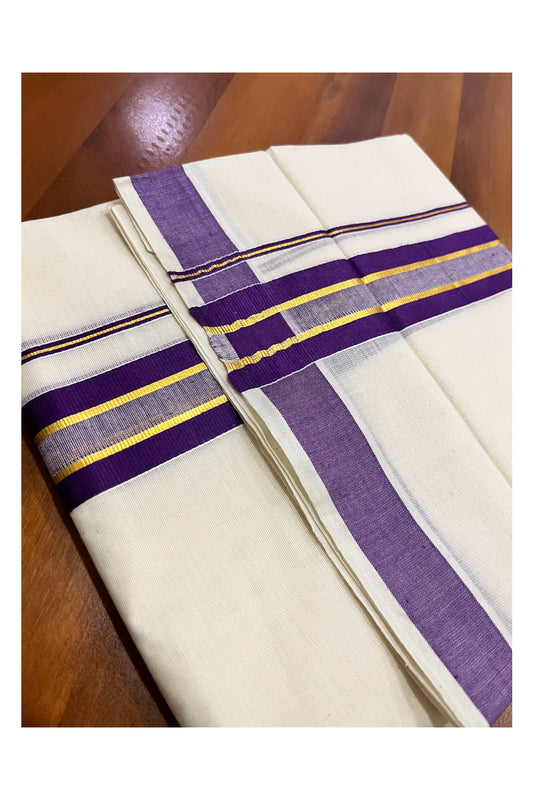 Kerala Pure Cotton Double Mundu with Violet and Kasavu Border (South Indian Kerala Dhoti)