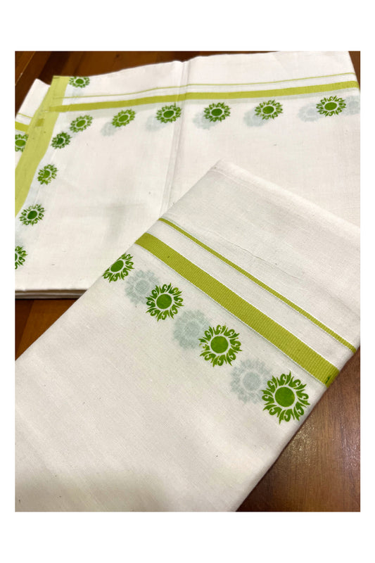Kerala Pure Cotton Set Mundu Single (Mundum Neriyathum) with Light Green Floral Block Prints