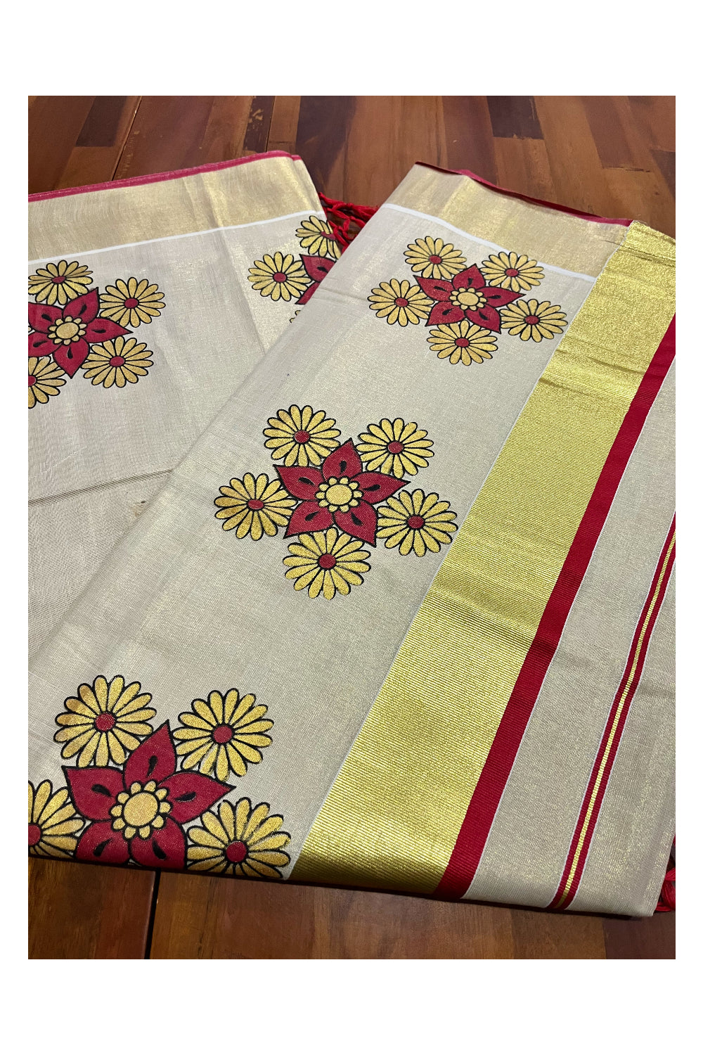 Kerala Tissue Kasavu Saree with Mural Floral Printed Design and Red Border