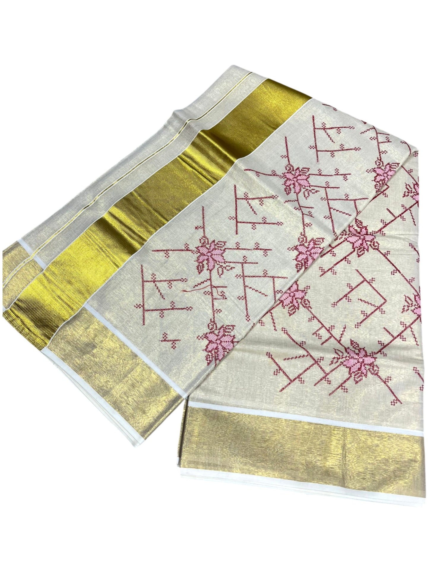 Southloom Tissue Kerala Kasavu Saree with Floral Embroidery Work on Body in Pink and Red
