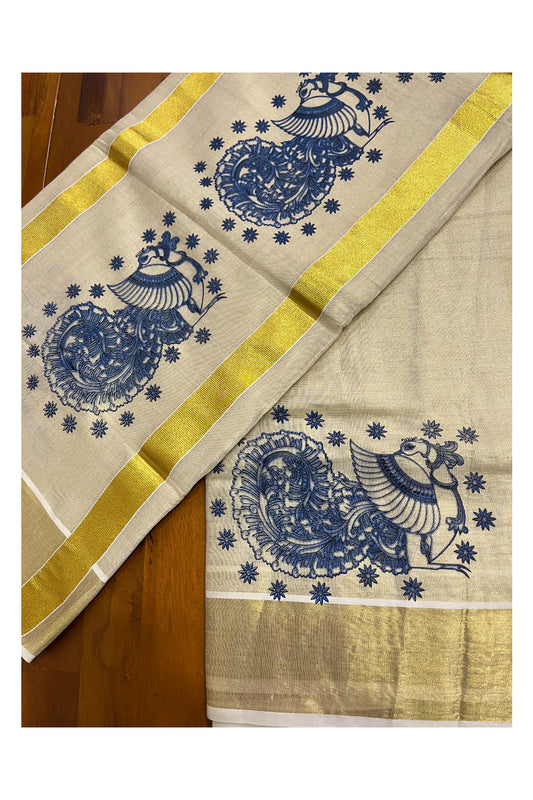 Kerala Tissue Kasavu Saree with Blue Peacock Block Printed Designs