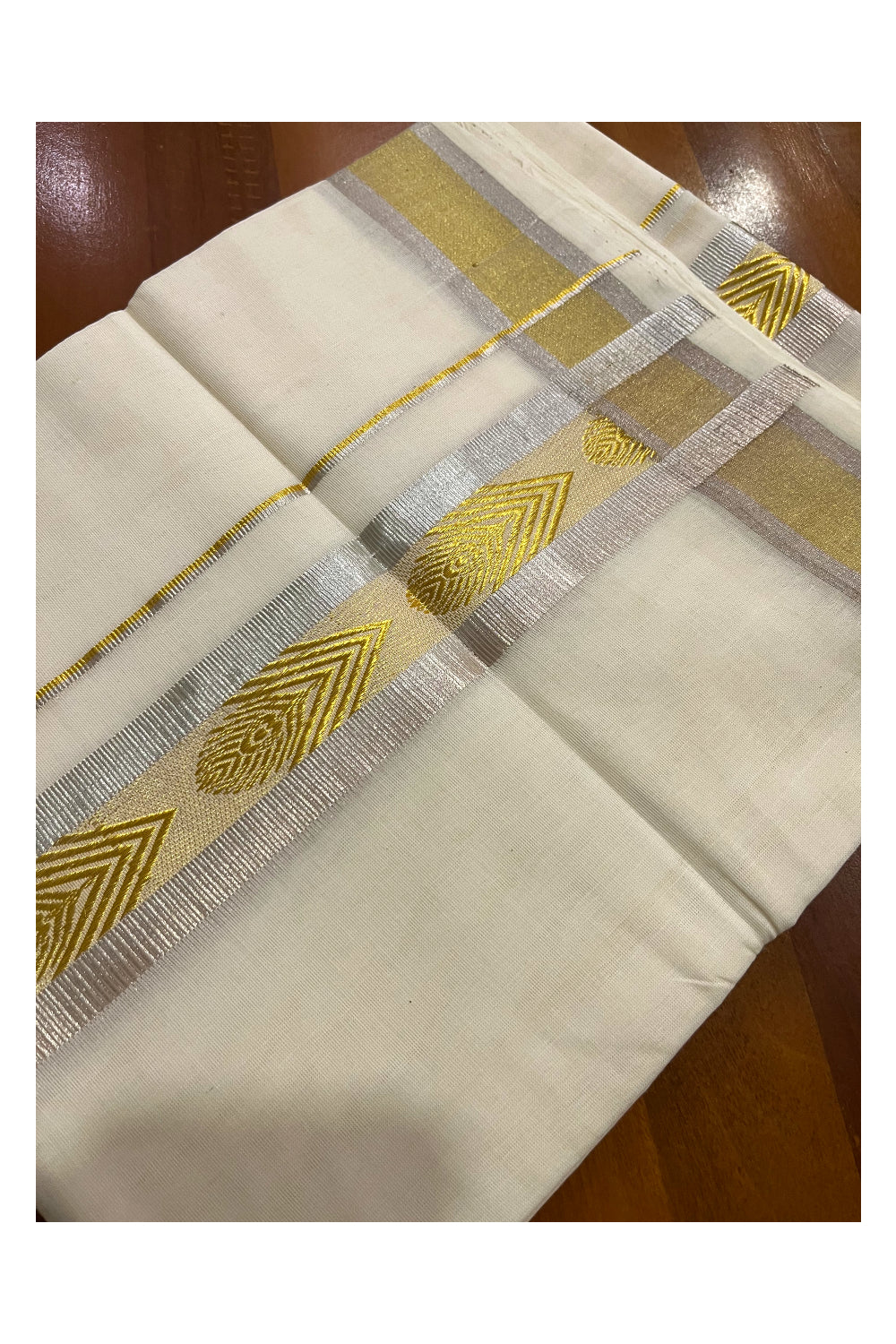 Southloom Premium Handloom Cotton Mundu with Silver and Golden Kasavu Woven Border (Onam Mundu 2023)