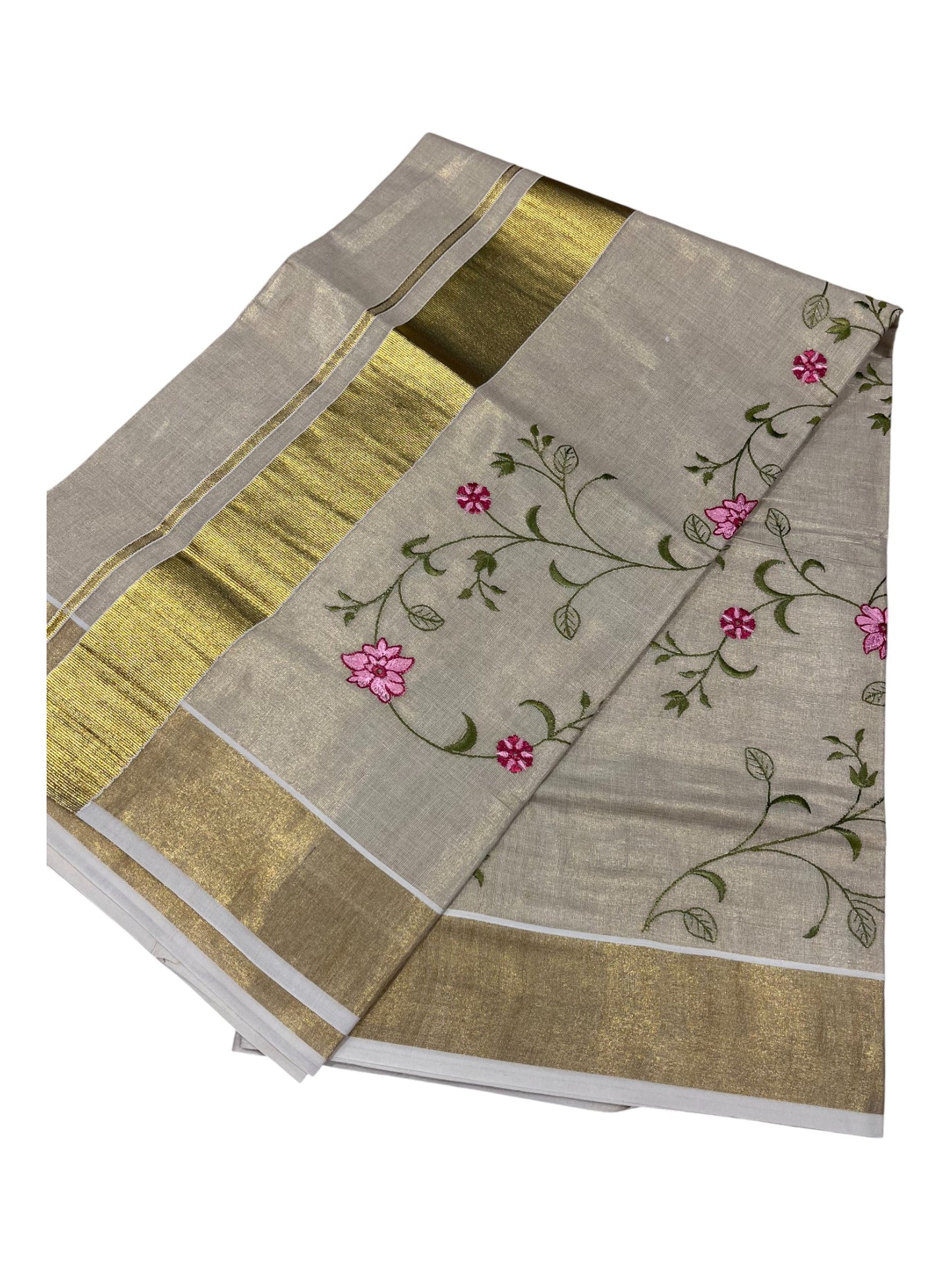 Southloom Kerala Tissue Kasavu Saree with Floral Print on Body and Border