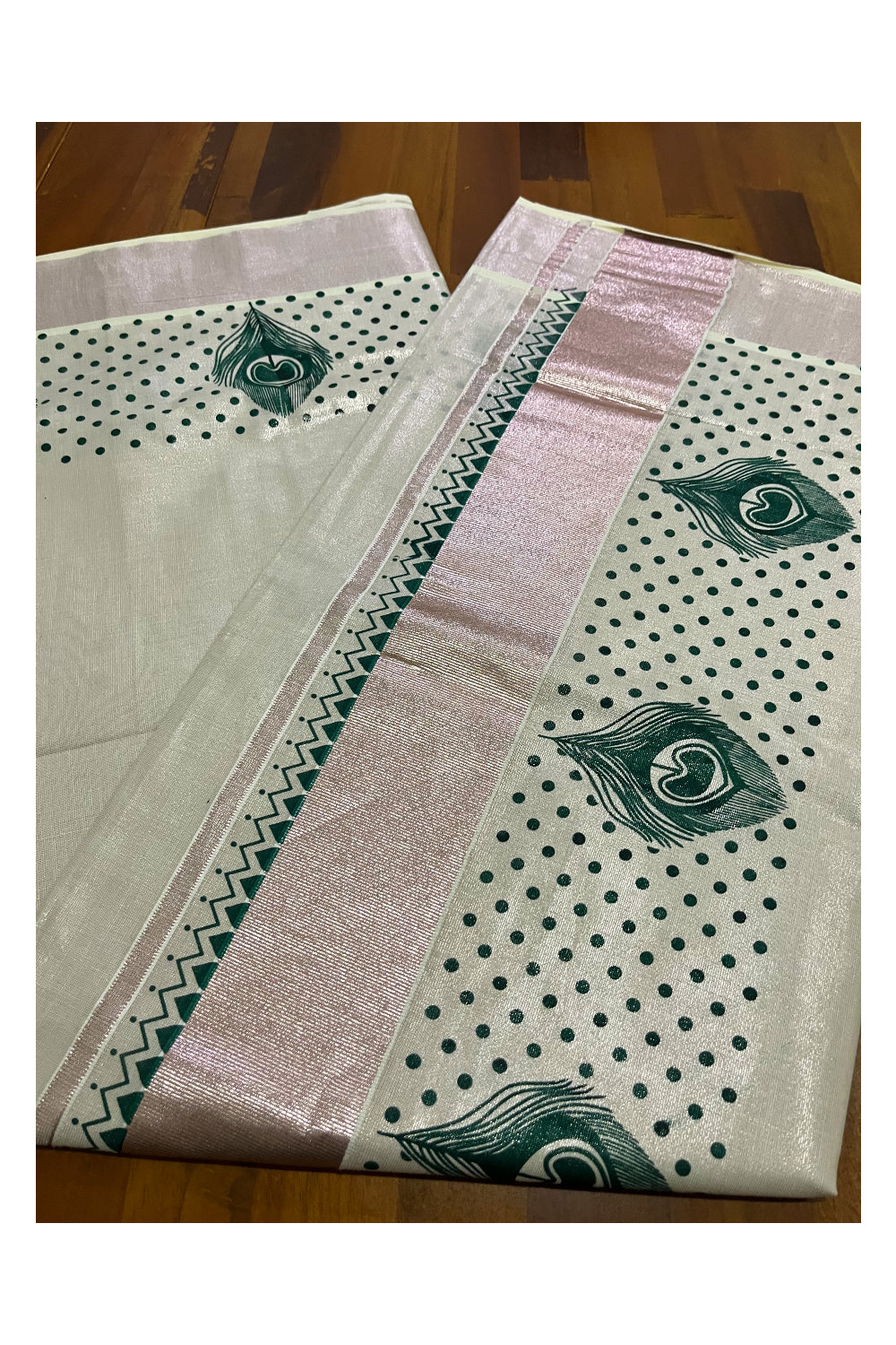 Kerala Rose Copper Tissue Kasavu Saree with Green Feather Block Prints