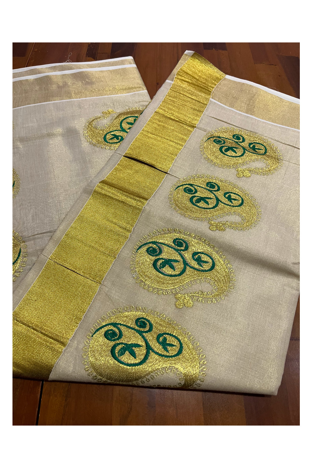 Kerala Tissue Green and Golden Embroidery Work Kasavu Saree