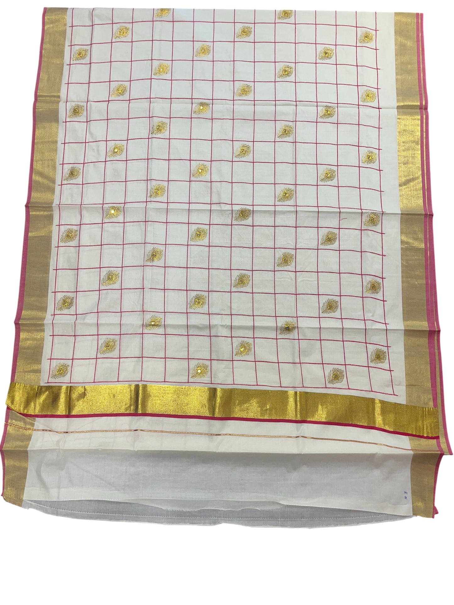 Southloom Kerala Cotton Saree with Pink and Golden Peacock feather Embroidery Works