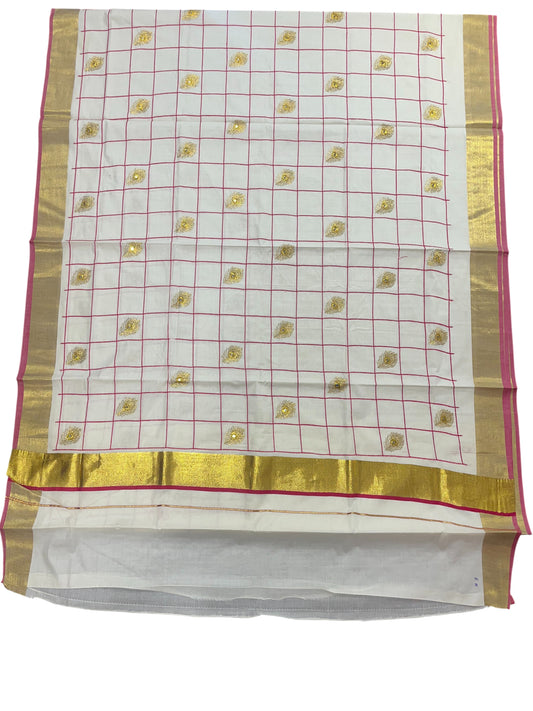 Southloom Kerala Cotton Saree with Pink and Golden Peacock feather Embroidery Works