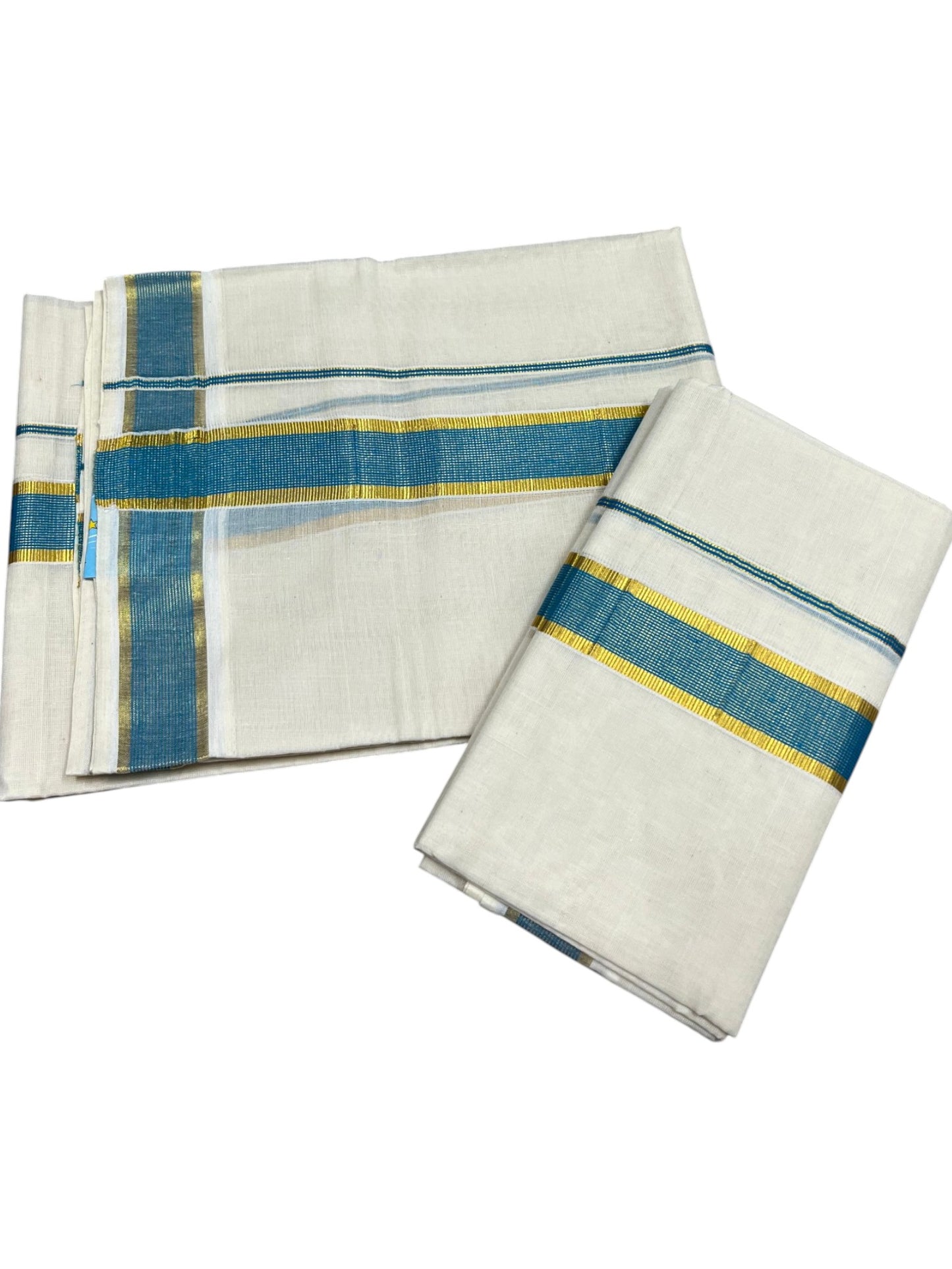 Southloom Pure Cotton Kerala Kasavu Set Mundu (Mundum Neriyathum) Kasavu & Blue Border in 2.80 Mtrs SLKK SL470