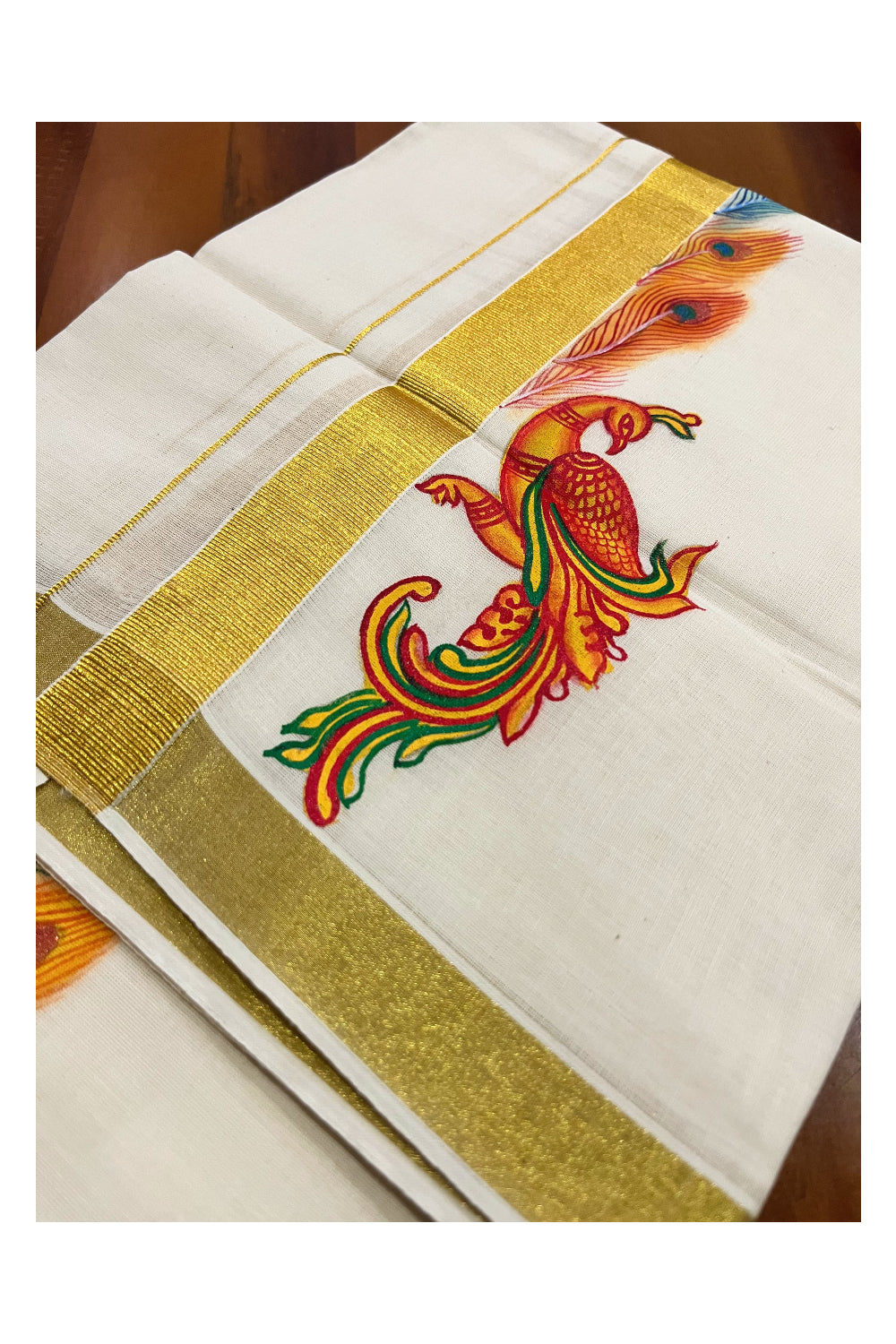 Kerala Pure Cotton Double Mundu with Peacock Mural Painted Design on Kasavu Border (South Indian Kerala Dhoti)