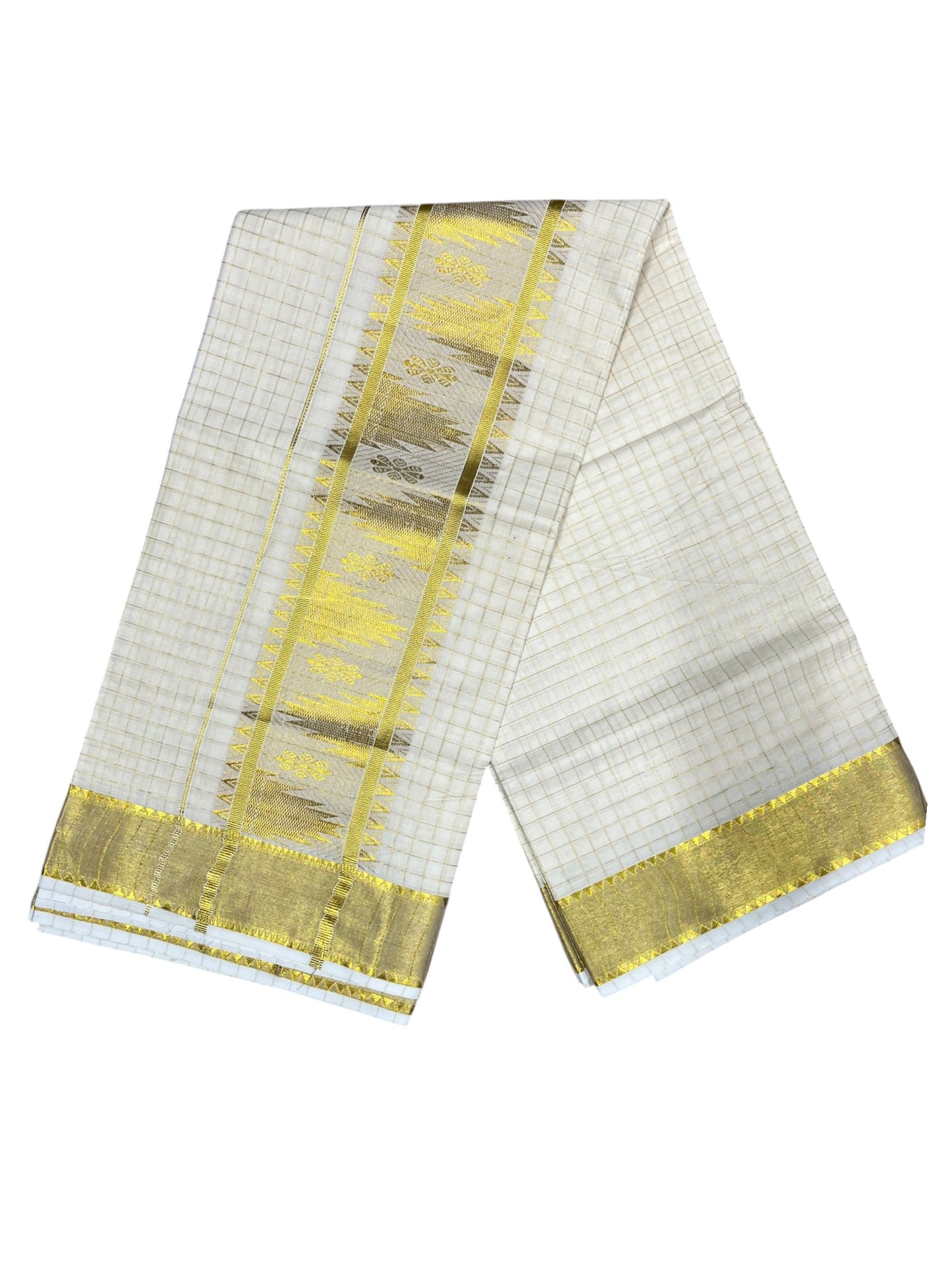 Southloom Pure Cotton Kerala Kasavu Check Saree with Woven Work