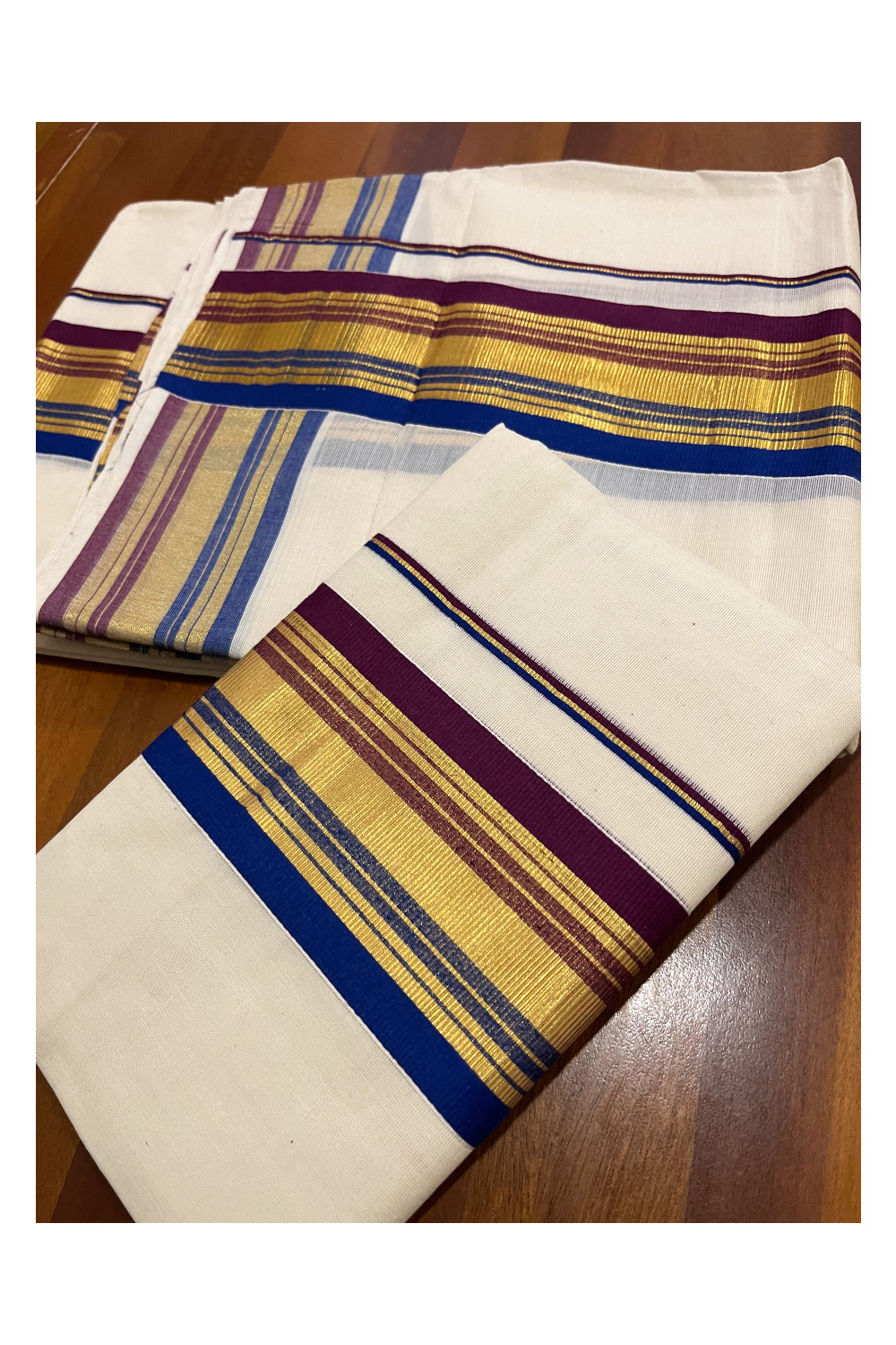 Pure Cotton Mundum Neriyathum Double (Set Mundu) with Purple Blue and Kasavu Border 2.80 Mtrs