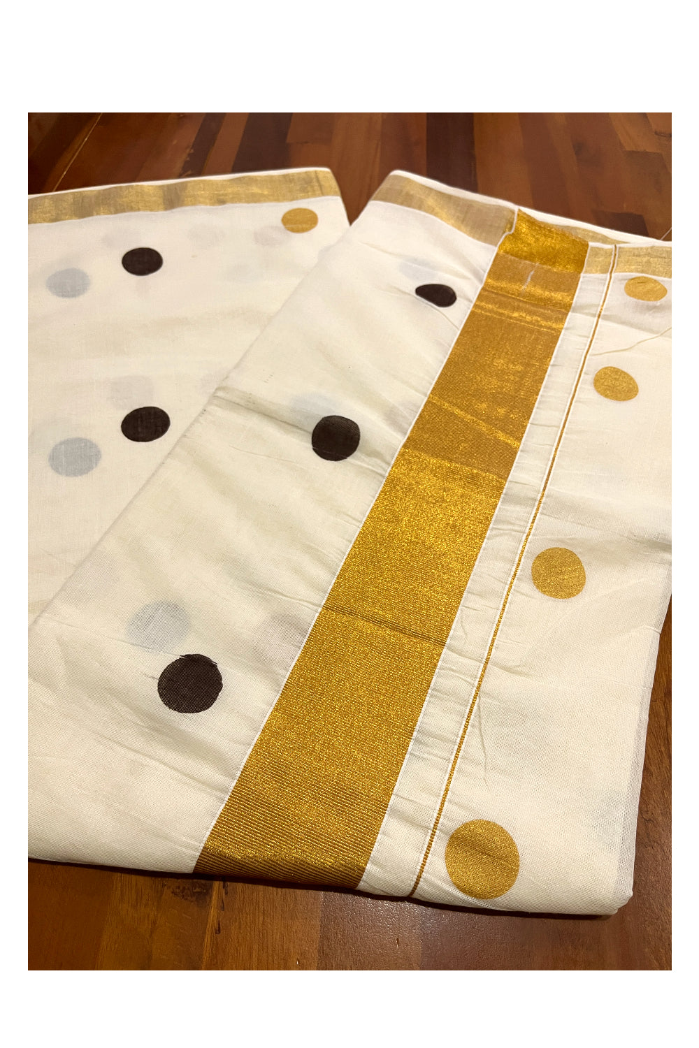 Pure Cotton Off White Kerala Kasavu Saree with Brown and Golden Polka Block Printed Design