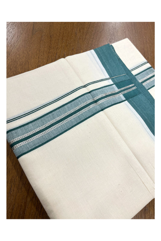 Pure Cotton Double Mundu with Silver Kasavu and Green Border (South Indian Kerala Dhoti)