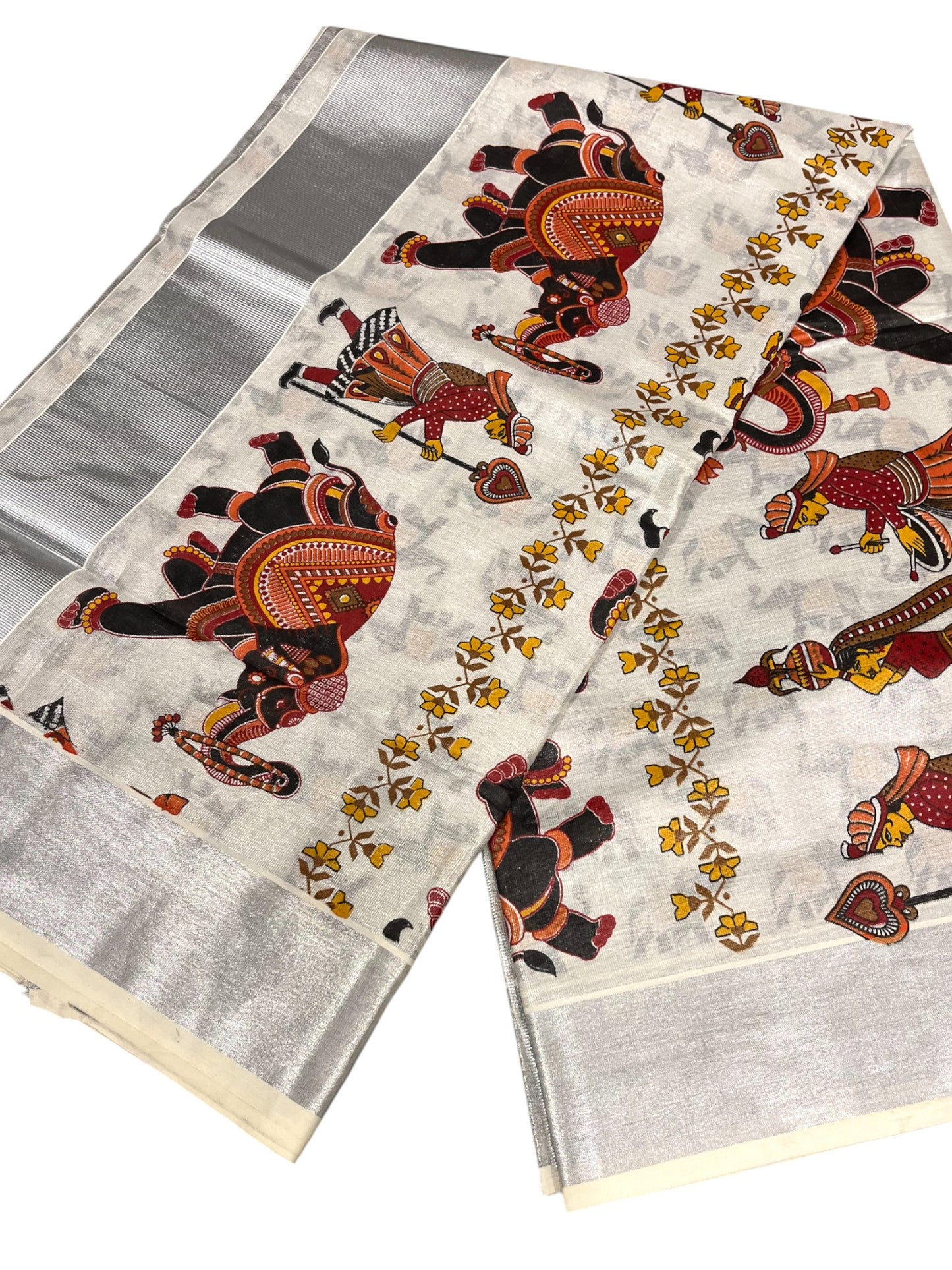 Southloom Kerala Tissue Silver Kasavu Saree With Mural Festival Parasol and Elephant Design