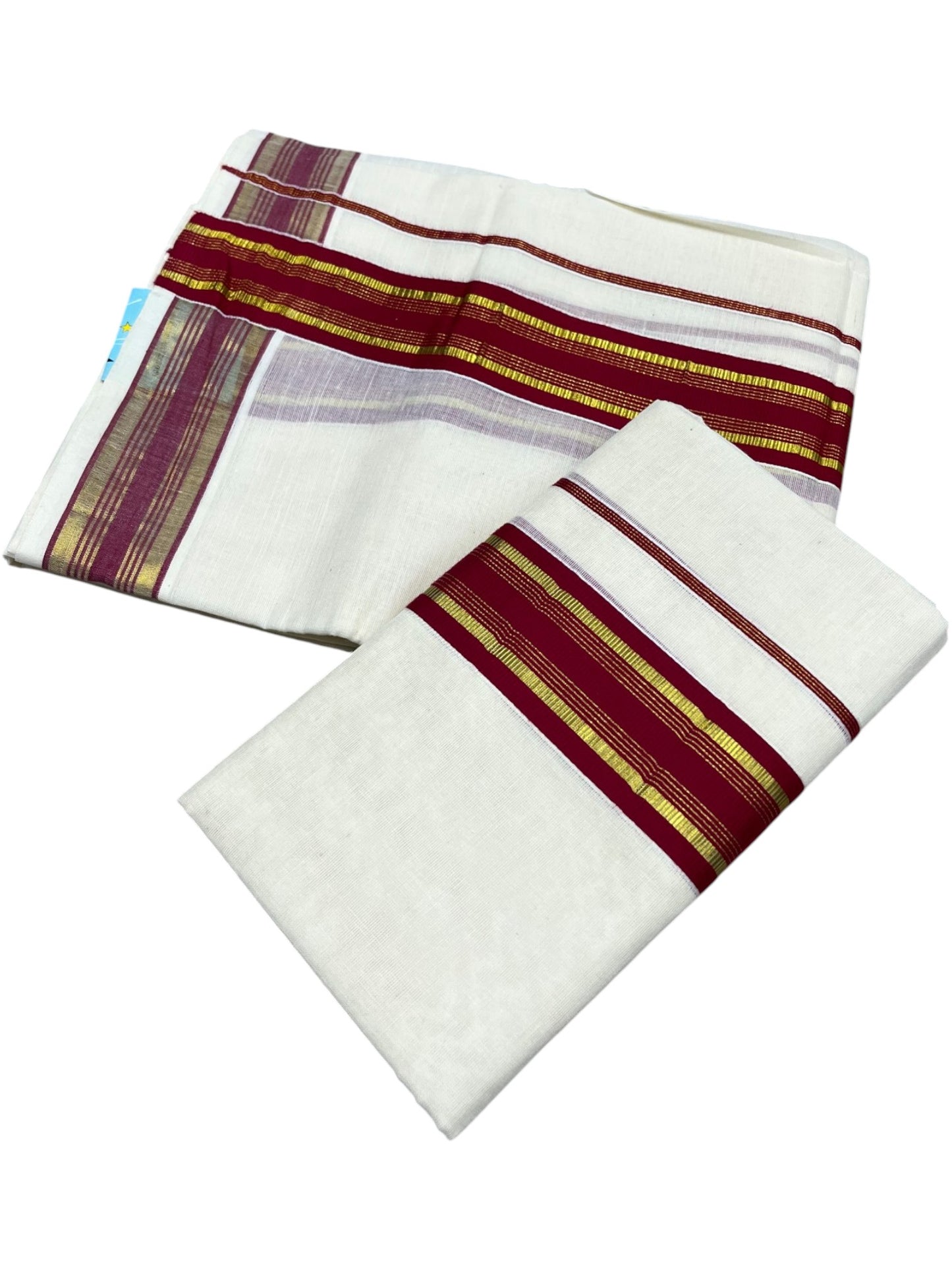 Southloom Kerala Cotton Kasavu Single Set Mundu (Mundum Neriyathum) with Maroon Kasavu Border SLKK