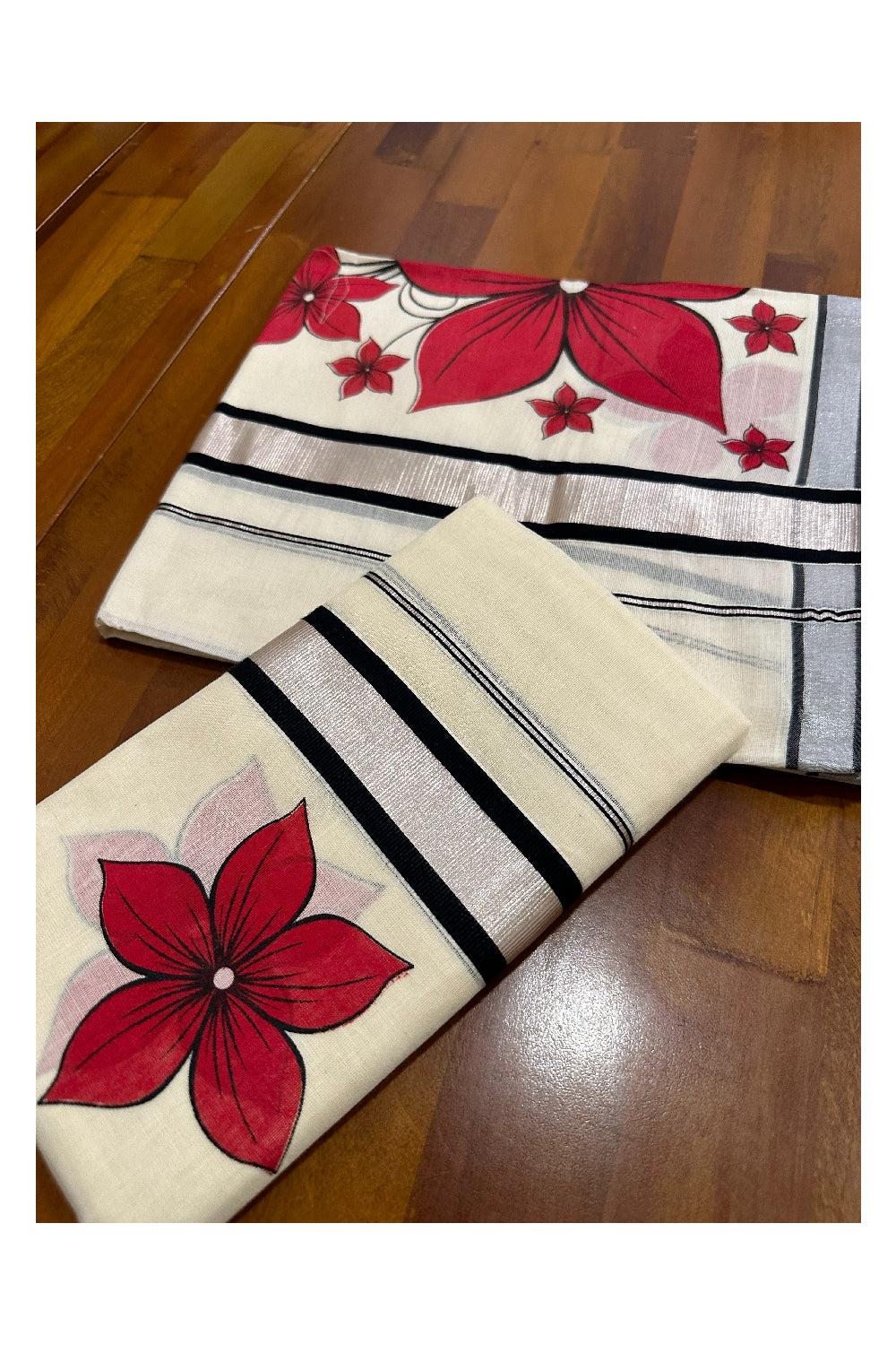 Cotton Silver Kasavu Single Set Mundu (Mundu Neriyathum) with Red Floral Block Prints 2.80 Mtrs (Onam Set Mundu 2023)