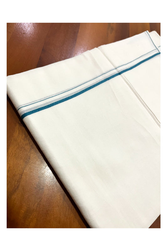 Pure White Kerala Cotton Double Mundu with Teal Thin Kara (South Indian Kerala Dhoti)