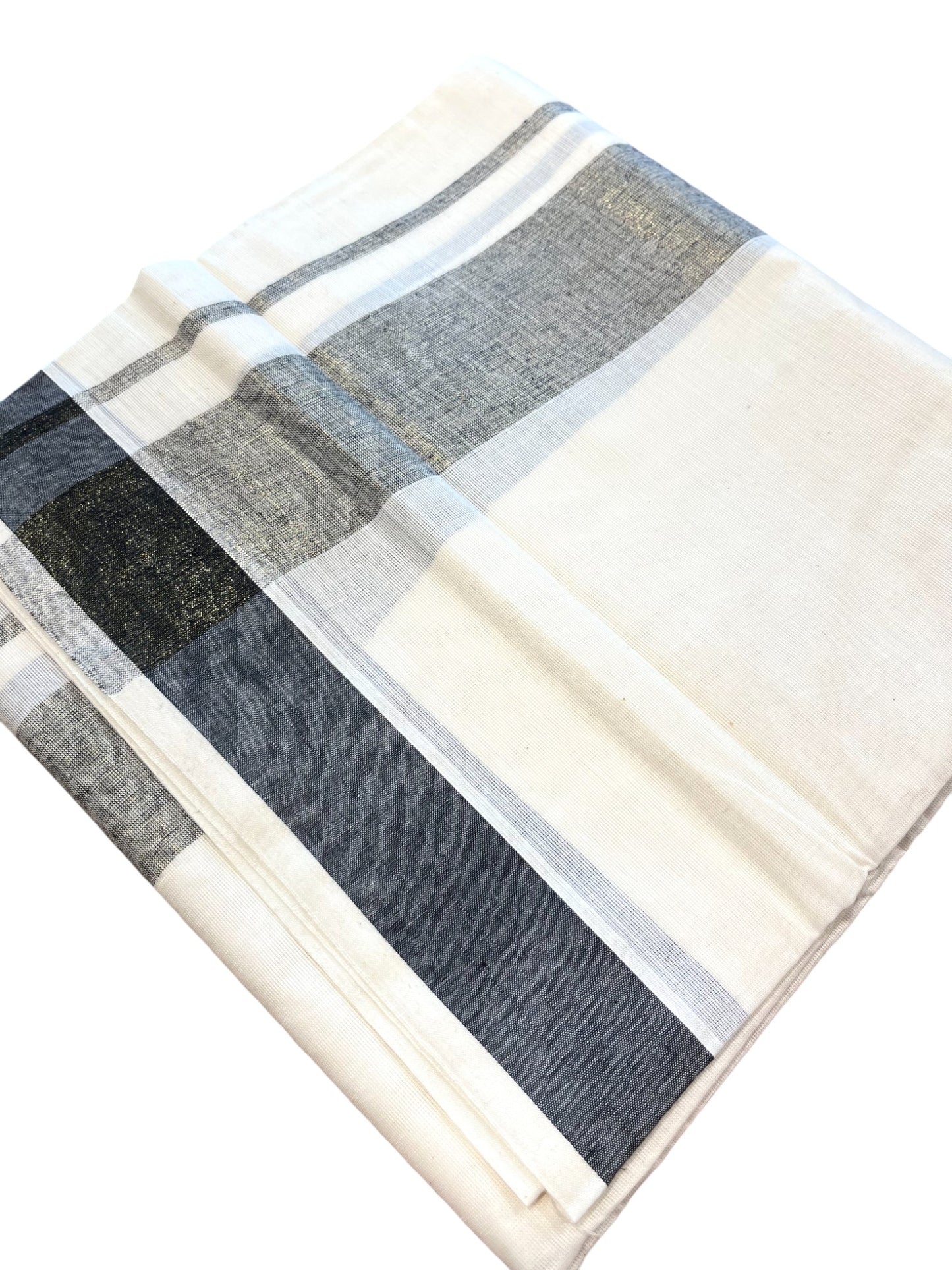 Southloom Kerala Pure Cotton Double Mundu with Grey Lines & Black Border (South Indian Dhoti)