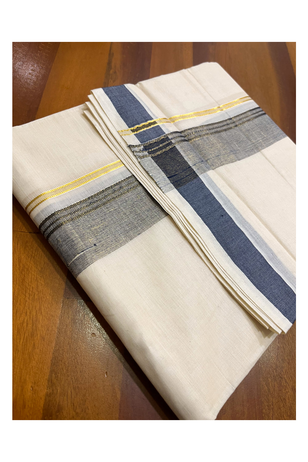 Off White Kerala Cotton Double Mundu with Kasavu and Navy Blue Border (South Indian Kerala Dhoti)