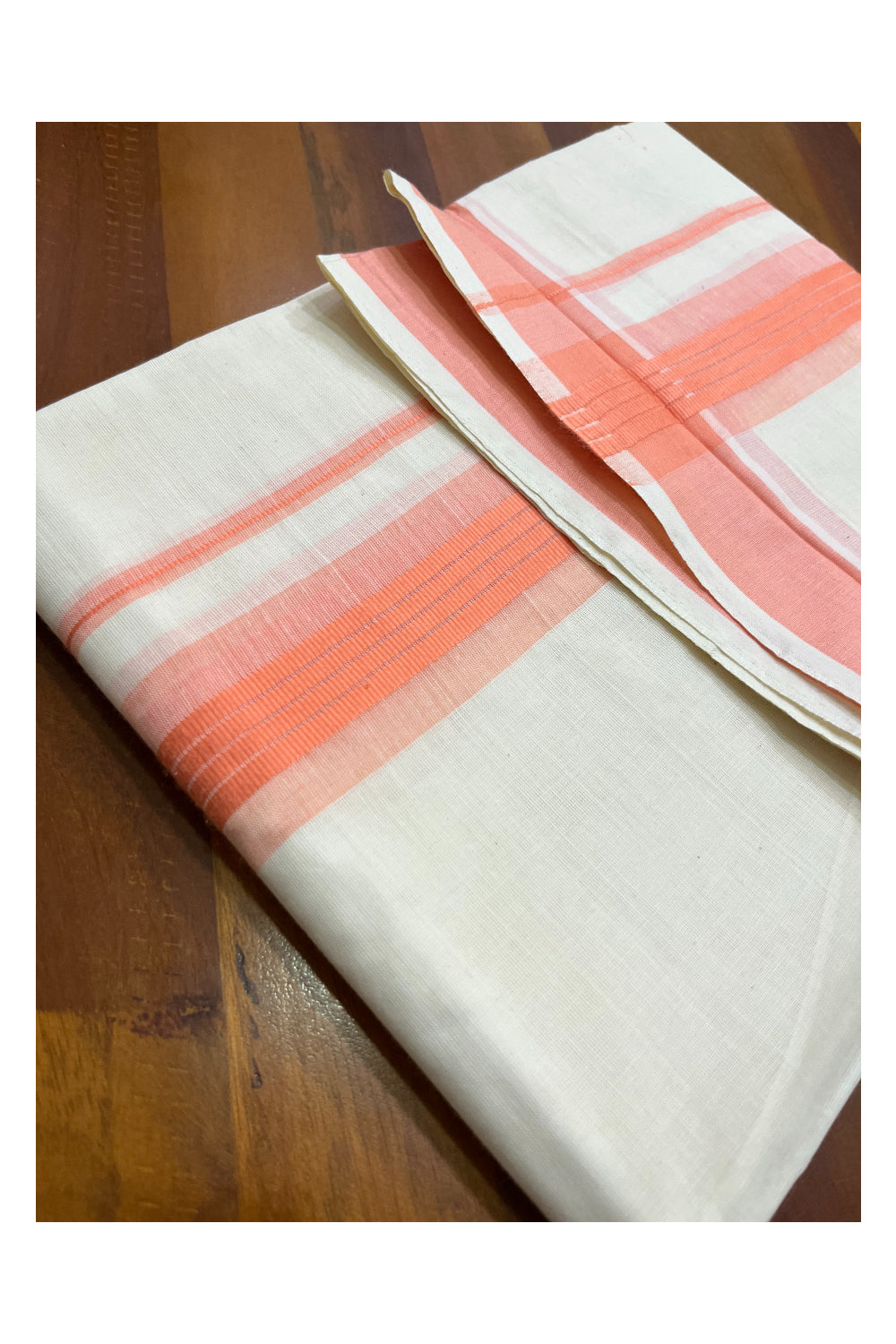 Off White Pure Cotton Kerala Mundu with Peach Kara (South Indian Kerala Dhoti)