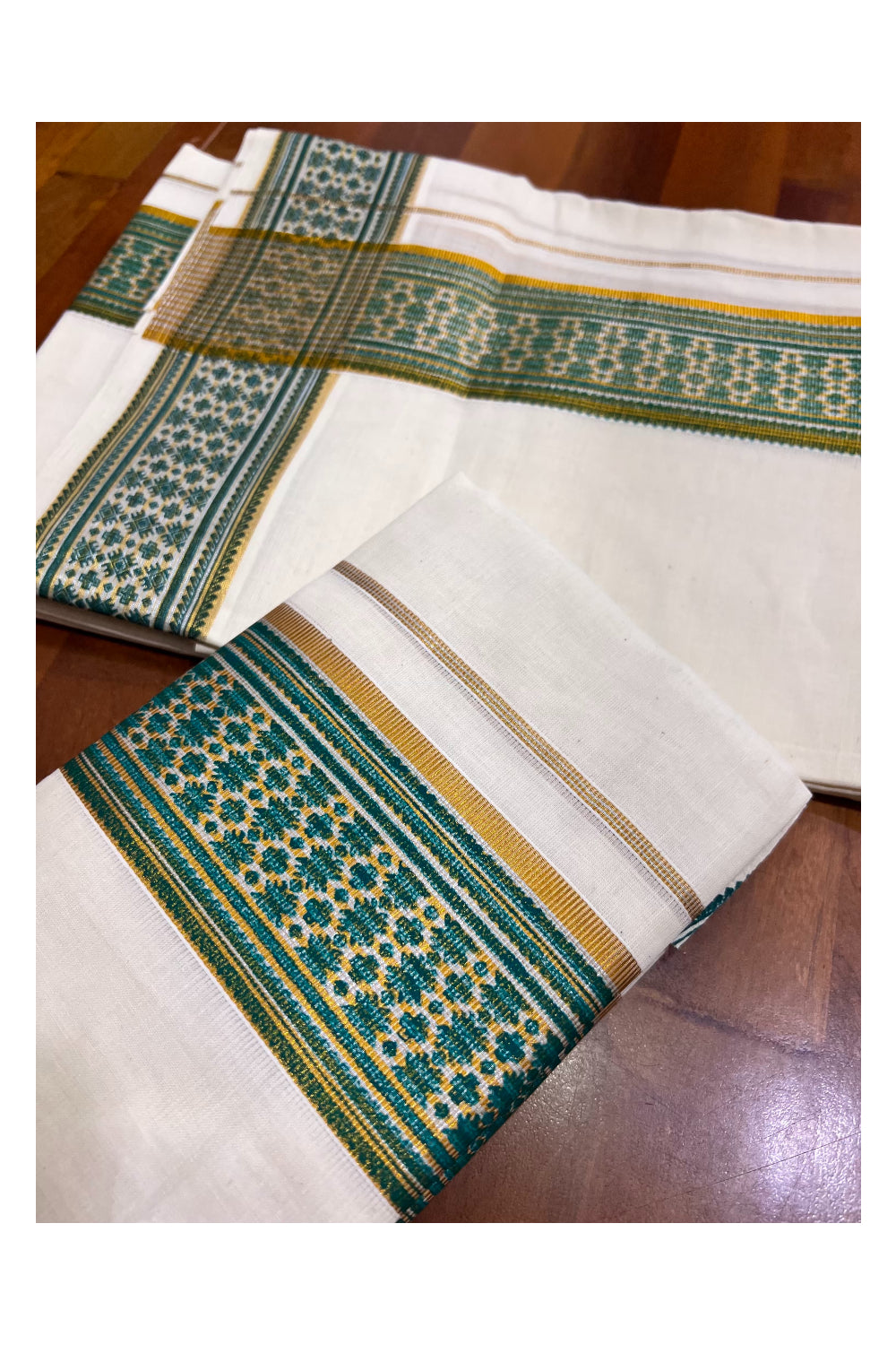 Kerala Pure Cotton Set Mundu Single (Mundum Neriyathum) with Green Block Prints on Kasavu Border