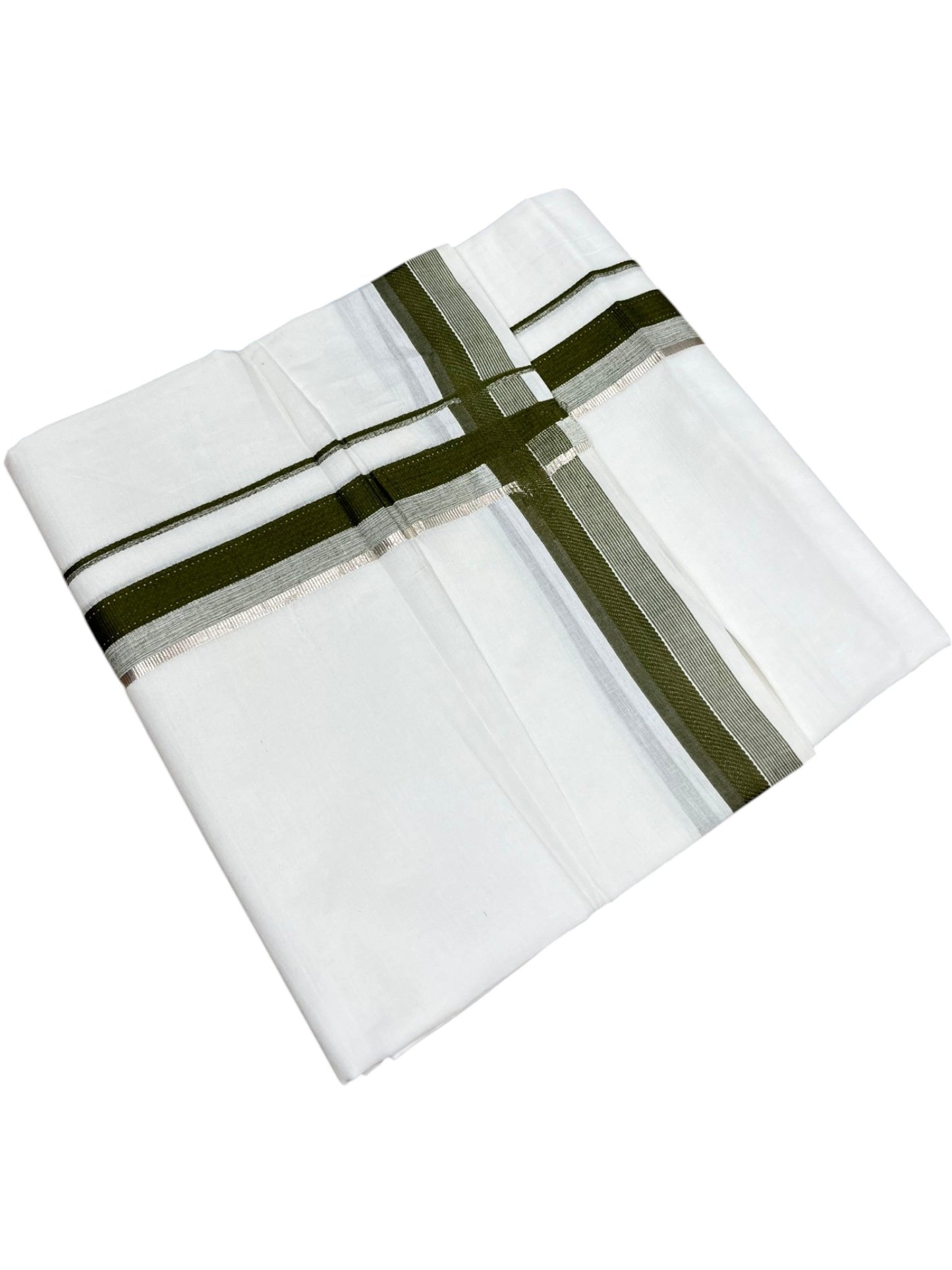 Southloom Pure White Cotton Mundu with Silver Line & Olive Green Border (South Indian Kerala Dhoti)