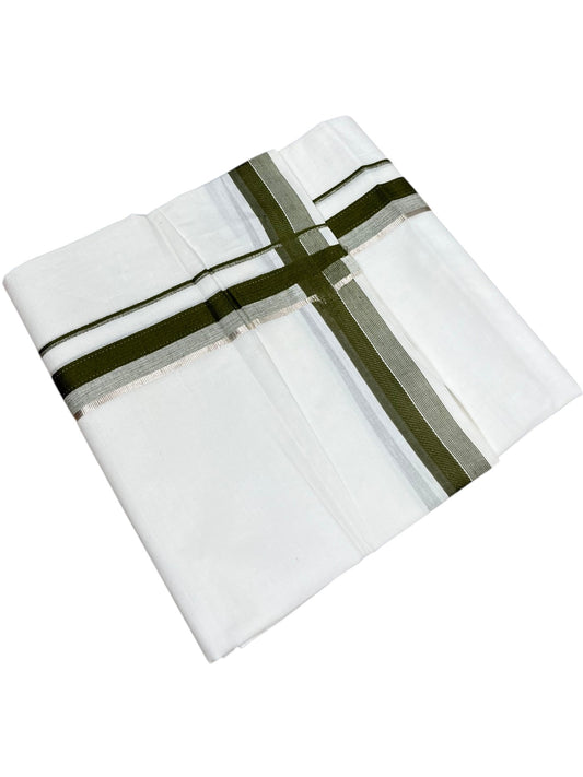 Southloom Pure White Cotton Mundu with Silver Line & Olive Green Border (South Indian Kerala Dhoti)