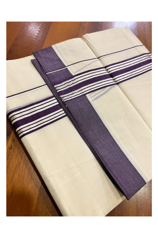 Kerala Pure Cotton Double Mundu with Silver Kasavu and Purple Border (Vishu 2024 Collection)