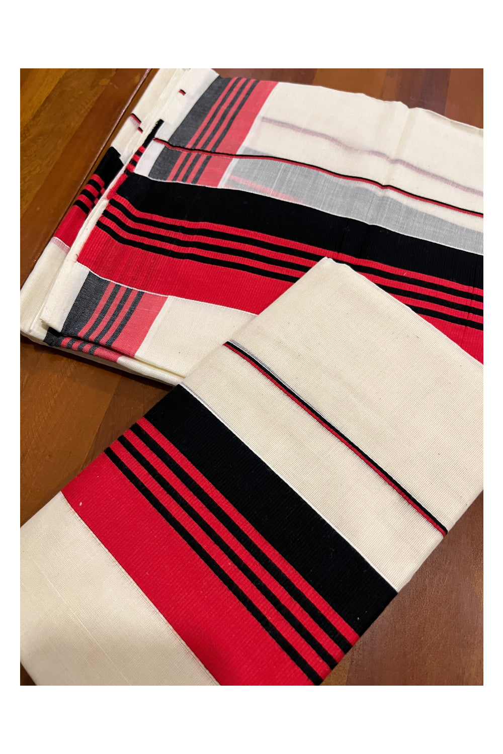 Kerala Cotton Mundum Neriyathum Single (Set Mundu) with Red and Black Kara (Onam Set Mundu 2023)