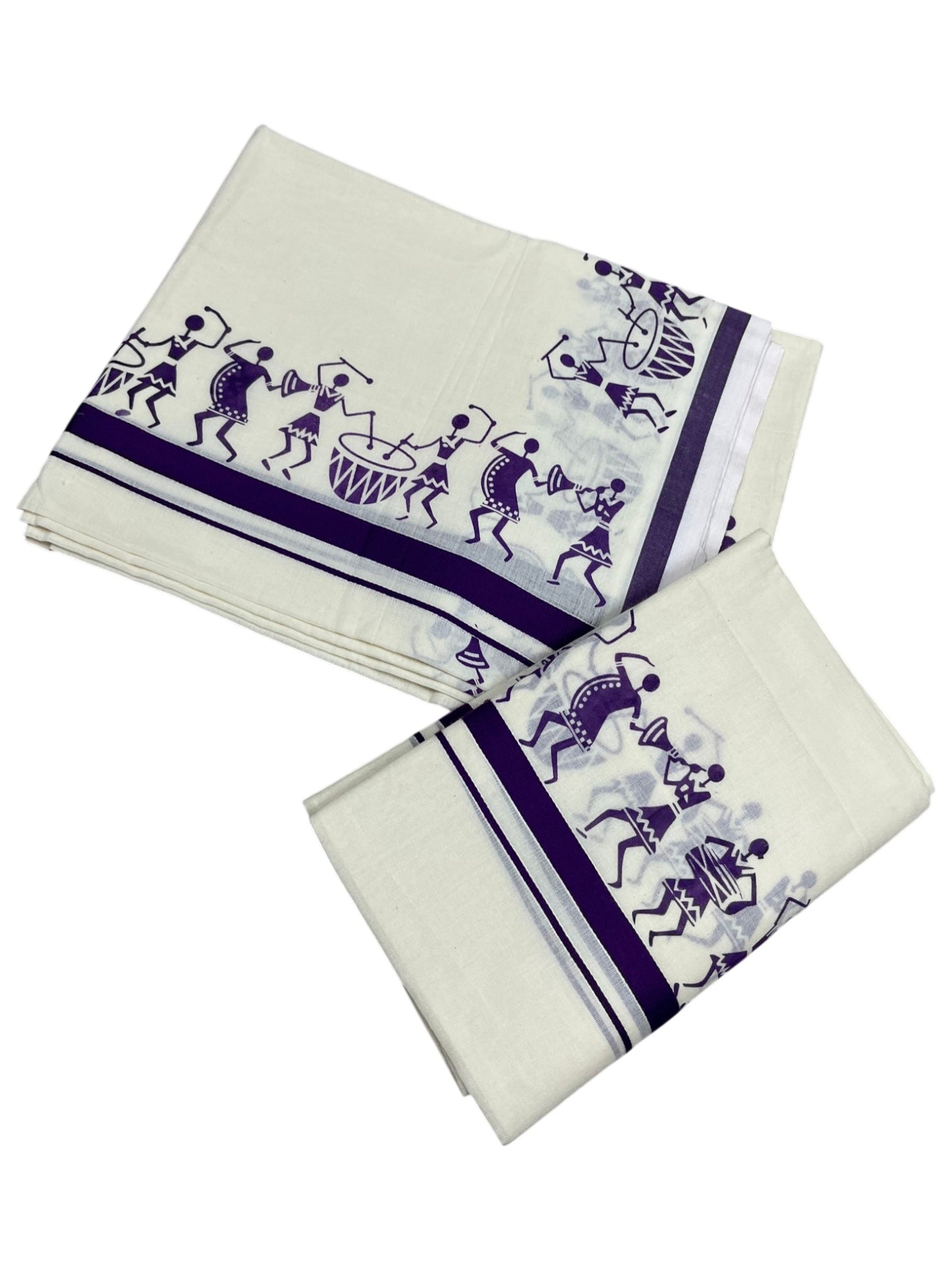 Southloom Pure Cotton Kerala Single Warly Print Set Mundu (Mundum Neriyathum) Violet Border in 2.50 mtrs  SL246
